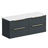 Venice Fluted 1205mm Satin Anthracite Vanity Unit - Wall Hung 4 Drawer Unit with Sparkling White Worktop & Brushed Brass Handles