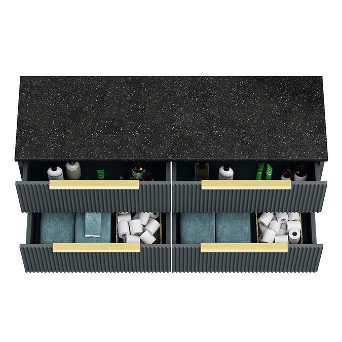 Venice Fluted 1205mm Satin Anthracite Vanity Unit - Wall Hung 4 Drawer Unit with Sparkling Black Worktop & Brushed Brass Handles