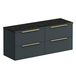 Venice Fluted 1205mm Satin Anthracite Vanity Unit - Wall Hung 4 Drawer Unit with Sparkling Black Worktop & Brushed Brass Handles