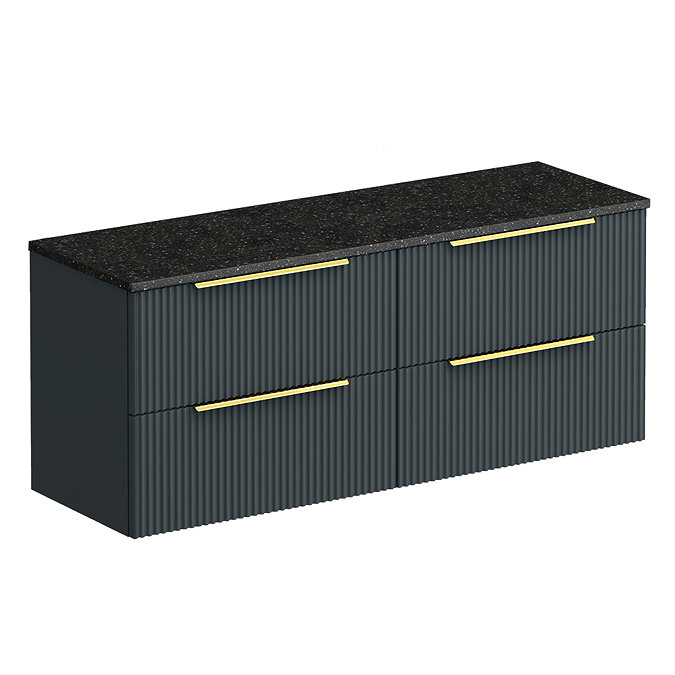 Venice Fluted 1205mm Satin Anthracite Vanity Unit - Wall Hung 4 Drawer Unit with Sparkling Black Worktop & Brushed Brass Handles