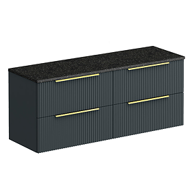 Venice Fluted 1205mm Satin Anthracite Vanity Unit - Wall Hung 4 Drawer Unit with Sparkling Black Worktop & Brushed Brass Handles