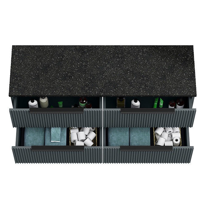 Venice Fluted 1205mm Satin Anthracite Vanity Unit - Wall Hung 4 Drawer Unit with Sparkling Black Worktop & Matt Black Handles