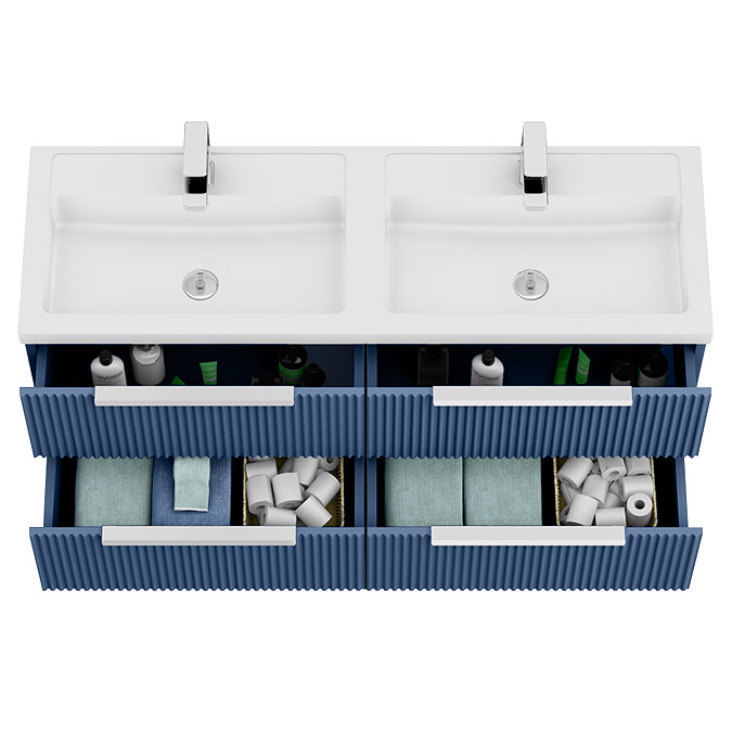 Venice Fluted 1205mm Satin Blue 4 Drawer Double Basin Vanity Unit with Chrome Handles