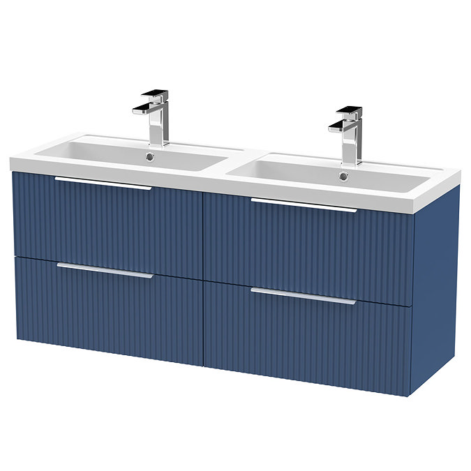 Venice Fluted 1205mm Satin Blue 4 Drawer Double Basin Vanity Unit & Chrome Handles Large Image