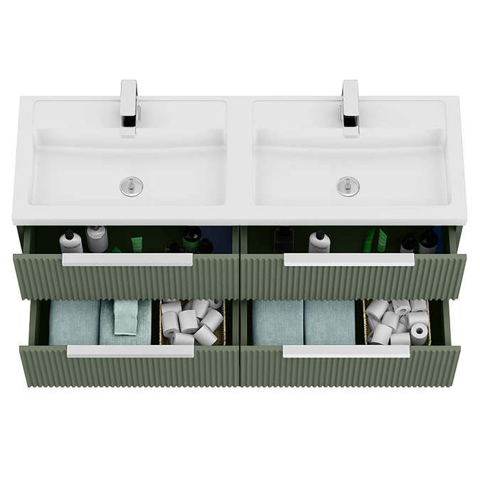 Venice Fluted 1205mm Green Vanity Unit - Wall Hung 4 Drawer Double Basin with Chrome Handles