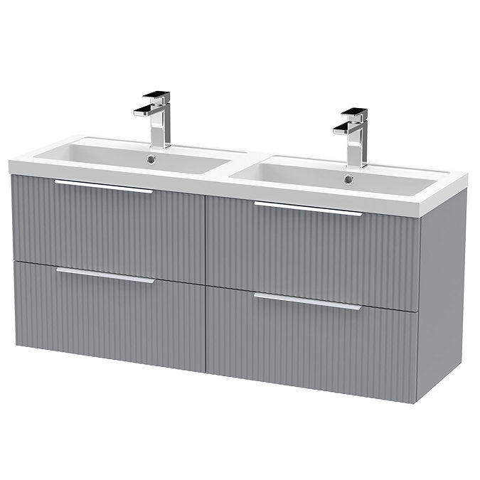 Venice Fluted 1205mm Satin Grey 4 Drawer Double Basin Vanity Unit & Chrome Handles Large Image