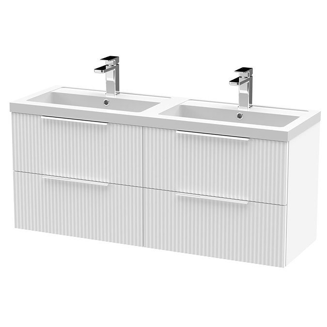 Venice Fluted 1205mm White Vanity Unit - Wall Hung 4 Drawer Double Basin with Chrome Handles
