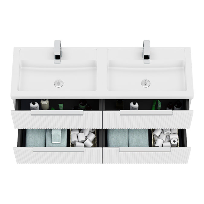 Venice Fluted 1205mm White Vanity Unit - Wall Hung 4 Drawer Double Basin with Chrome Handles