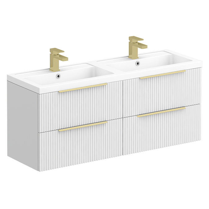 Venice Fluted 1205mm White Vanity Unit - Wall Hung 4 Drawer Double Basin with Brushed Brass Handles