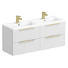 Venice Fluted 1205mm White Vanity Unit - Wall Hung 4 Drawer Double Basin with Brushed Brass Handles