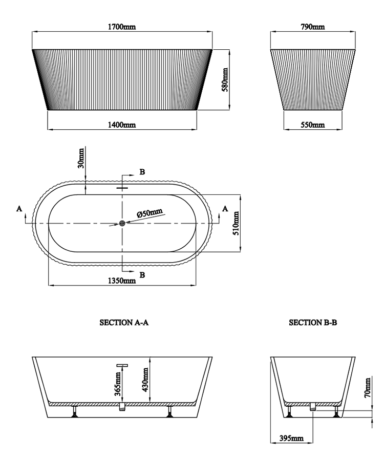 Venice Fluted 1700 x 790mm Double Ended Freestanding Bath Gloss White