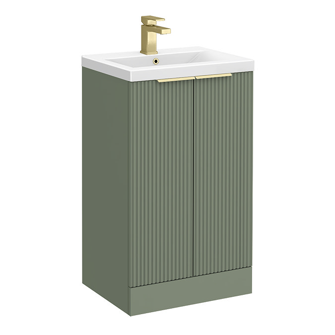Venice Fluted 500mm Green Vanity Unit - Floor Standing 2 Door Unit with Brushed Brass Handles