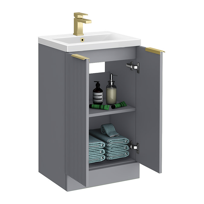 Venice Fluted 500mm Grey Vanity Unit - Floor Standing 2 Door Unit with Brushed Brass Handles
