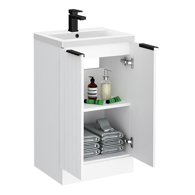 Venice Fluted 500mm White Vanity Unit - Floor Standing 2 Door Unit with Matt Black Handles