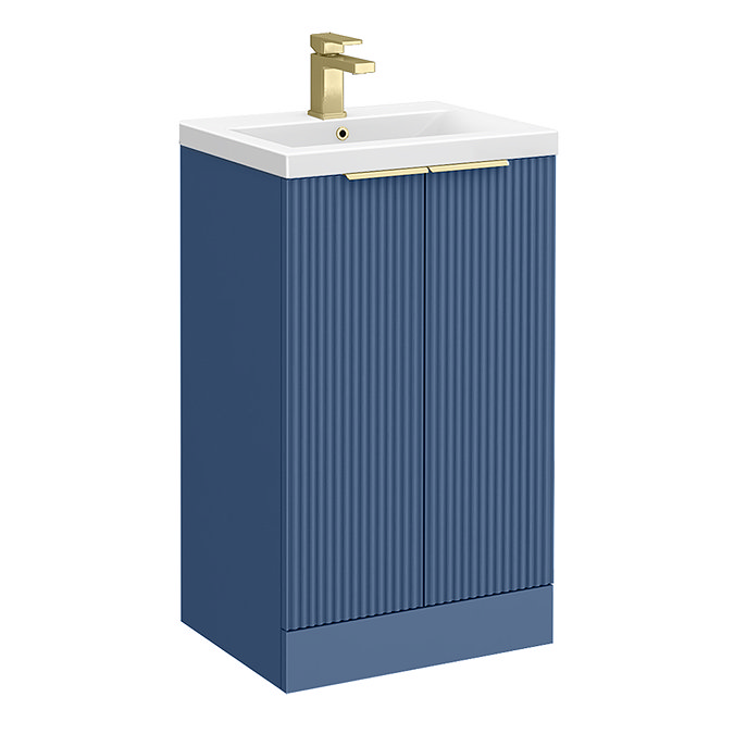 Venice Fluted 500mm Blue Vanity Unit - Floor Standing 2 Door Unit with Brushed Brass Handles