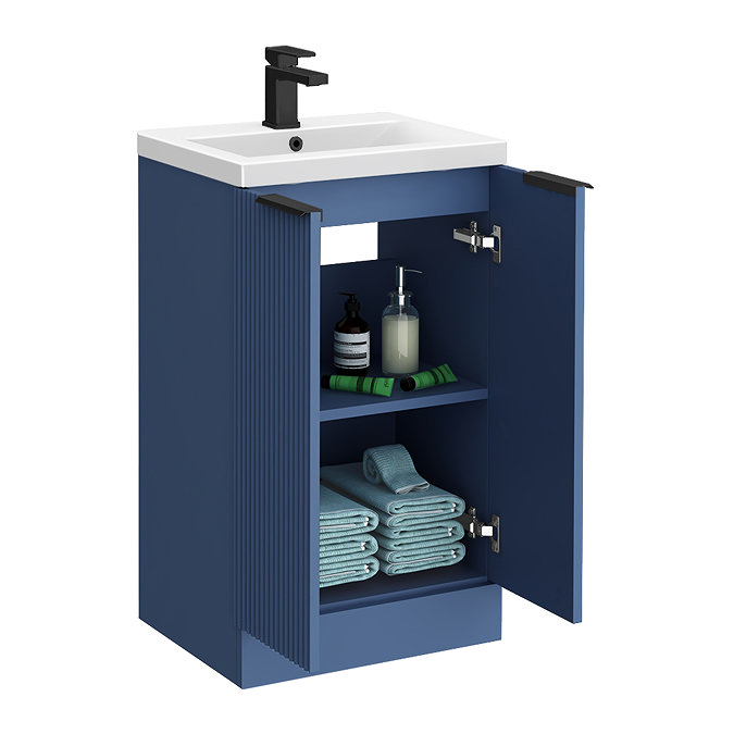 Venice Fluted 500mm Blue Vanity Unit - Floor Standing 2 Door Unit with Matt Black Handles