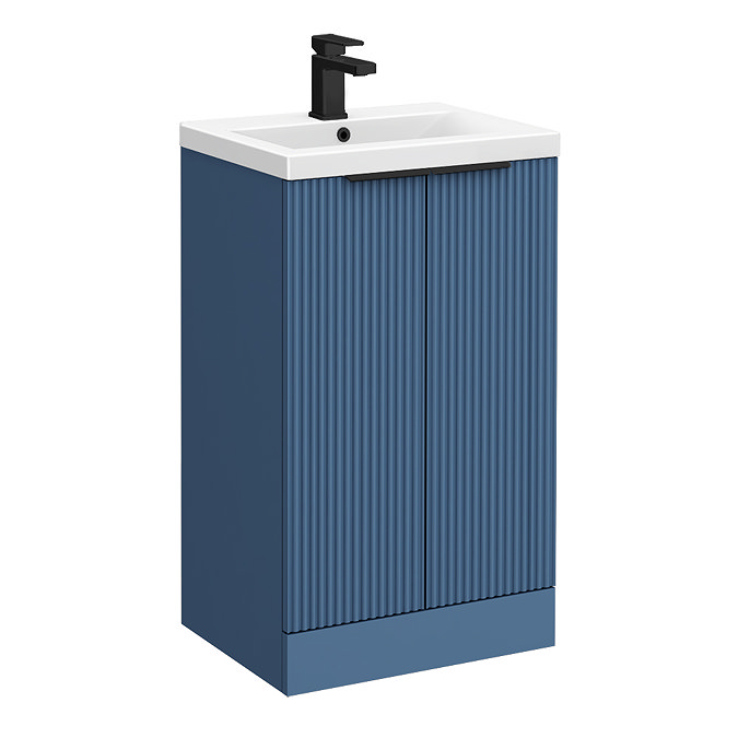 Venice Fluted 500mm Blue Vanity Unit - Floor Standing 2 Door Unit with Matt Black Handles