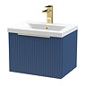 Venice Fluted 500mm Blue Vanity Unit - Wall Hung Single Drawer Unit with Brushed Brass Handle