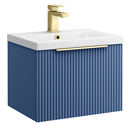 Venice Fluted 500mm Blue Vanity Unit - Wall Hung Single Drawer Unit with Brushed Brass Handle