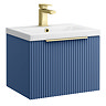 Venice Fluted 500mm Blue Vanity Unit - Wall Hung Single Drawer Unit with Brushed Brass Handle