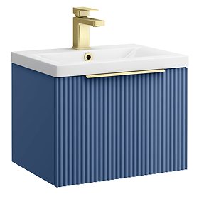 Venice Fluted 500mm Blue Vanity Unit - Wall Hung Single Drawer Unit with Brushed Brass Handle