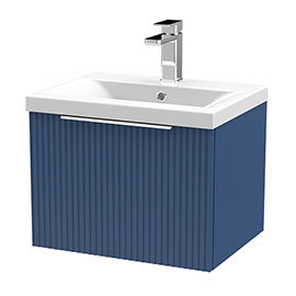 Venice Fluted 500mm Blue Vanity Unit - Wall Hung Single Drawer Unit with Chrome Handle Medium Image