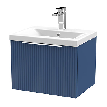 Venice Fluted 500mm Blue Vanity Unit - Wall Hung Single Drawer Unit with Chrome Handle  Profile Larg