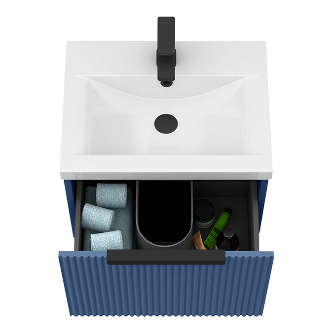 Venice Fluted 500mm Blue Vanity Unit - Wall Hung Single Drawer Unit with Matt Black Handle