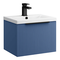 Venice Fluted 500mm Blue Vanity Unit - Wall Hung Single Drawer Unit with Matt Black Handle