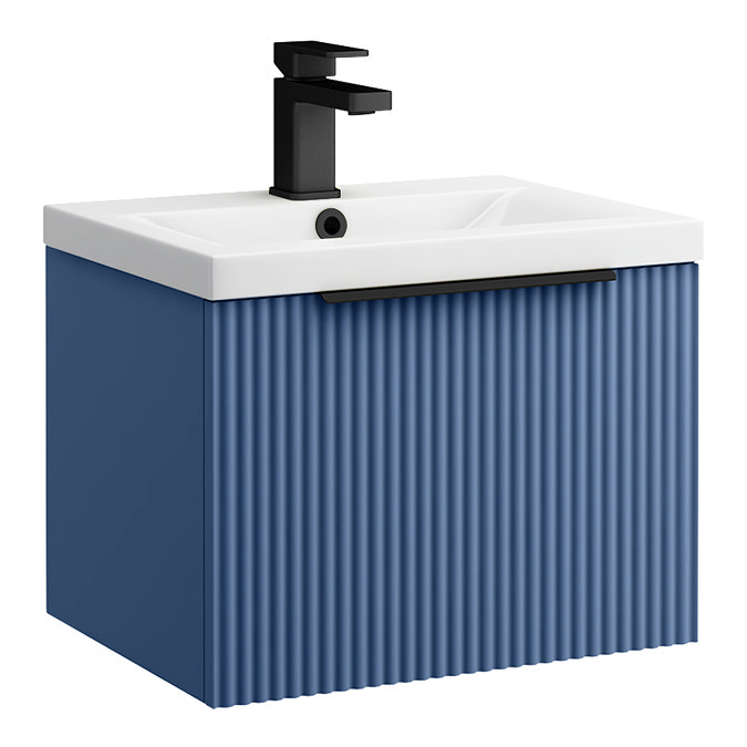 Venice Fluted 500mm Blue Vanity Unit - Wall Hung Single Drawer Unit with Matt Black Handle