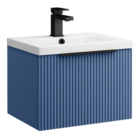 Venice Fluted 500mm Blue Vanity Unit - Wall Hung Single Drawer Unit with Matt Black Handle