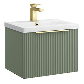Venice Fluted 500mm Green Vanity Unit - Wall Hung Single Drawer Unit with Brushed Brass Handle