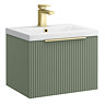 Venice Fluted 500mm Green Vanity Unit - Wall Hung Single Drawer Unit with Brushed Brass Handle