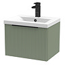 Venice Fluted 500mm Green Vanity Unit - Wall Hung Single Drawer Unit with Matt Black Handle