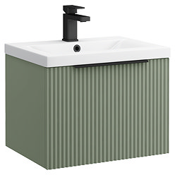 Venice Fluted 500mm Green Vanity Unit - Wall Hung Single Drawer Unit with Matt Black Handle