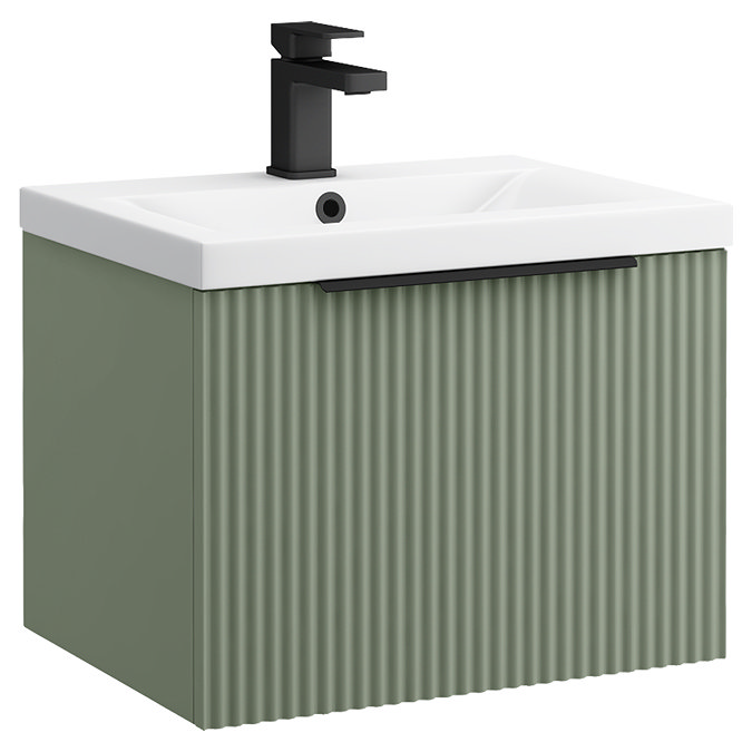 Venice Fluted 500mm Green Vanity Unit - Wall Hung Single Drawer Unit with Matt Black Handle