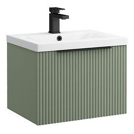 Venice Fluted 500mm Green Vanity Unit - Wall Hung Single Drawer Unit with Matt Black Handle