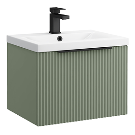 Venice Fluted 500mm Green Vanity Unit - Wall Hung Single Drawer Unit with Matt Black Handle