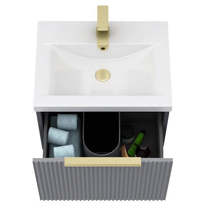 Venice Fluted 500mm Grey Vanity Unit - Wall Hung Single Drawer Unit with Brushed Brass Handle