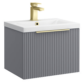 Venice Fluted 500mm Grey Vanity Unit - Wall Hung Single Drawer Unit with Brushed Brass Handle