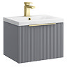 Venice Fluted 500mm Grey Vanity Unit - Wall Hung Single Drawer Unit with Brushed Brass Handle