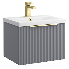 Venice Fluted 500mm Grey Vanity Unit - Wall Hung Single Drawer Unit with Brushed Brass Handle
