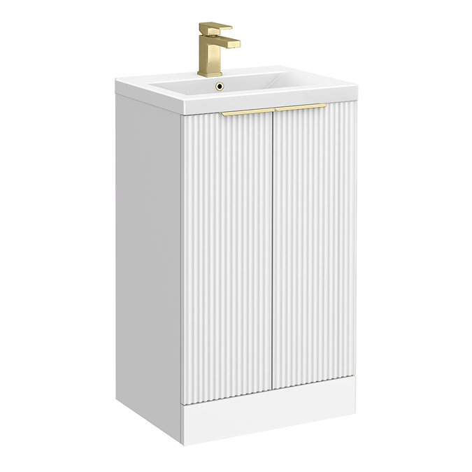 Venice Fluted 500mm White Vanity Unit - Floor Standing 2 Door Unit with Brushed Brass Handles