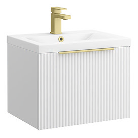 Venice Fluted 500mm White Vanity Unit - Wall Hung Single Drawer Unit with Brushed Brass Handle