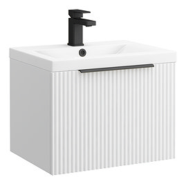 Venice Fluted 500mm White Vanity Unit - Wall Hung Single Drawer Unit with Matt Black Handle