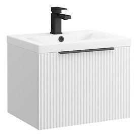 Venice Fluted 500mm White Vanity Unit - Wall Hung Single Drawer Unit with Matt Black Handle