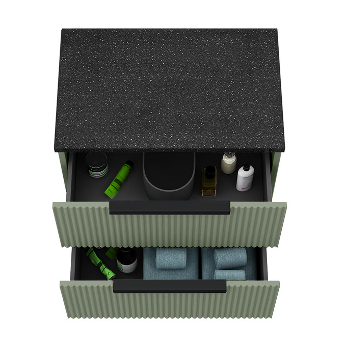 Venice Fluted 600mm Satin Green Wall Hung Vanity Unit - 2 Drawers, Sparkling Black Worktop & Matt Black Handles