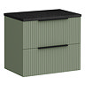 Venice Fluted 600mm Satin Green Wall Hung Vanity Unit - 2 Drawers, Sparkling Black Worktop & Matt Black Handles