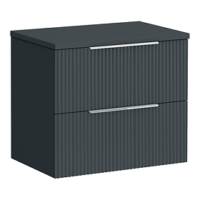 Venice Fluted 600mm Anthracite Grey Vanity Unit - Wall Hung 2 Drawer Unit with Worktop & Chrome Handles