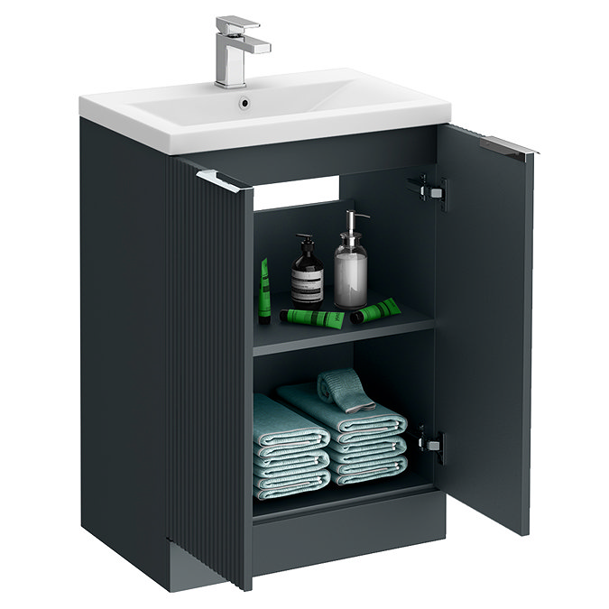 Venice Fluted 600mm Anthracite Vanity Unit - Floor Standing 2 Door Unit with Chrome Handles